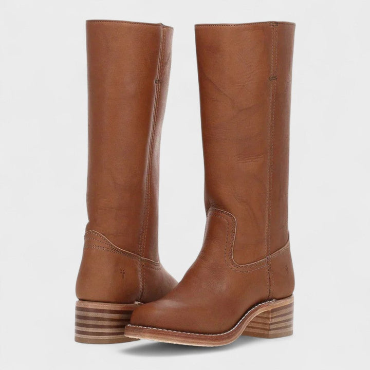 Women's Western Leather Knee High Boots Block Heel - Brown
