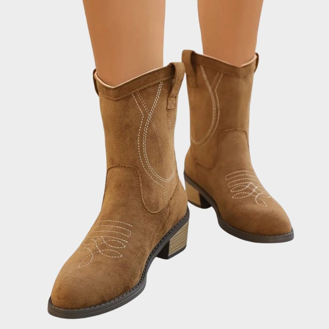 Women's Western-Stitch Suede-Look Mid-Calf Ankle Boots