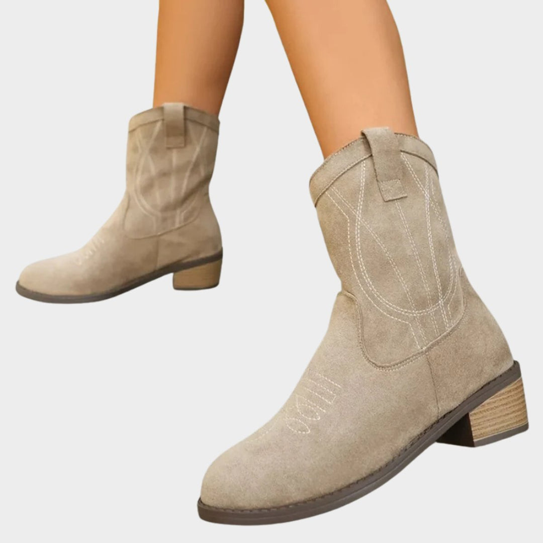 Women's Western-Stitch Suede-Look Mid-Calf Ankle Boots