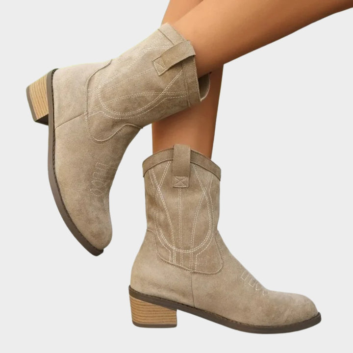 Women's Western-Stitch Suede-Look Mid-Calf Ankle Boots - Grey