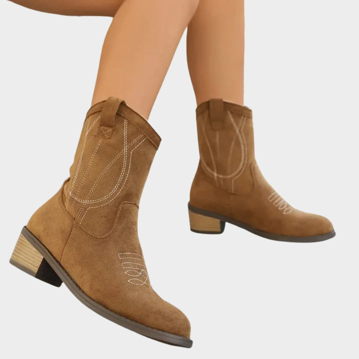 Women's Western-Stitch Suede-Look Mid-Calf Ankle Boots - Khaki