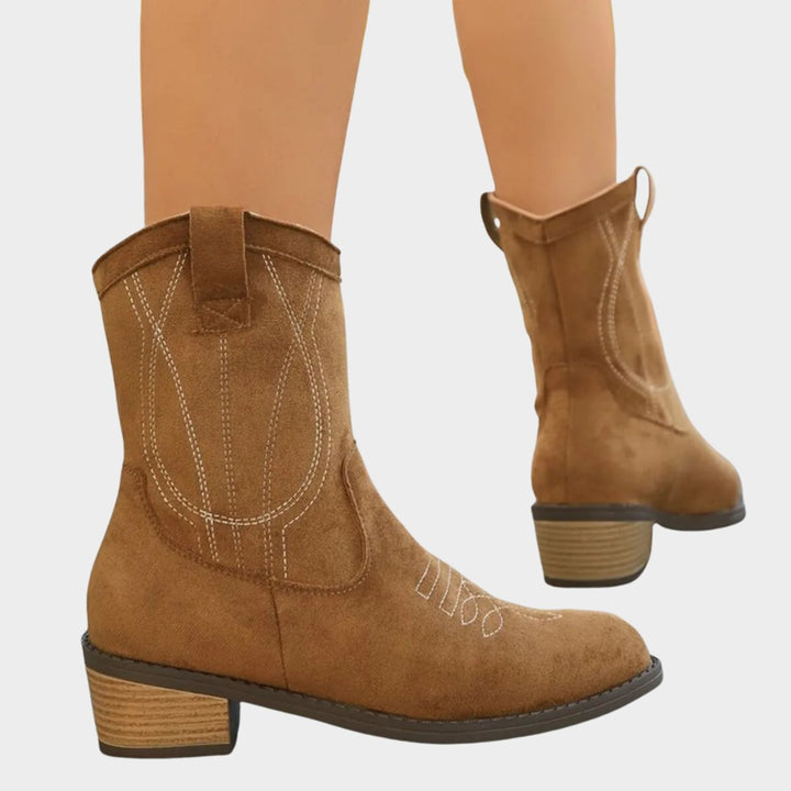 Women's Western-Stitch Suede-Look Mid-Calf Ankle Boots
