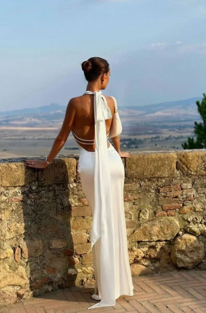 Women's White Open-Back Pearl-Detail Halter Maxi Gown