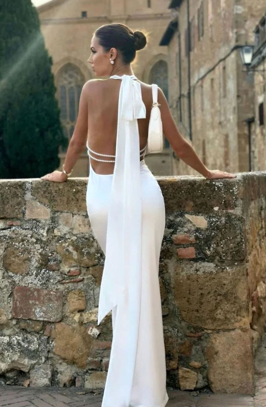 Women's White Open-Back Pearl-Detail Halter Maxi Gown - Color
