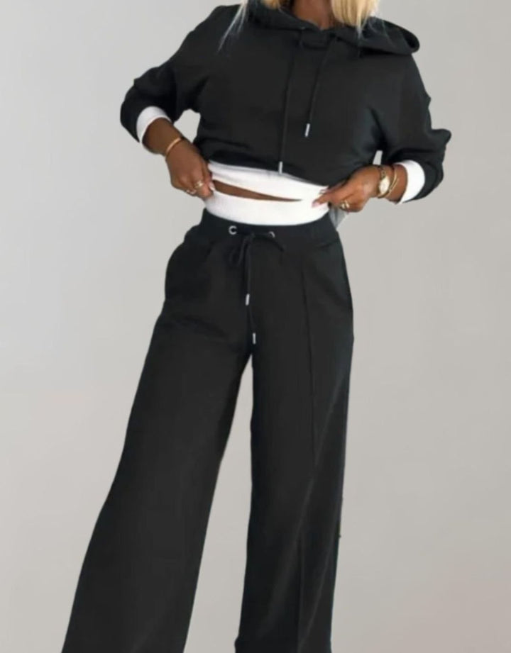 Women's Wide-Leg Cropped Hoodie Two-Piece Tracksuit Pants Set - Black