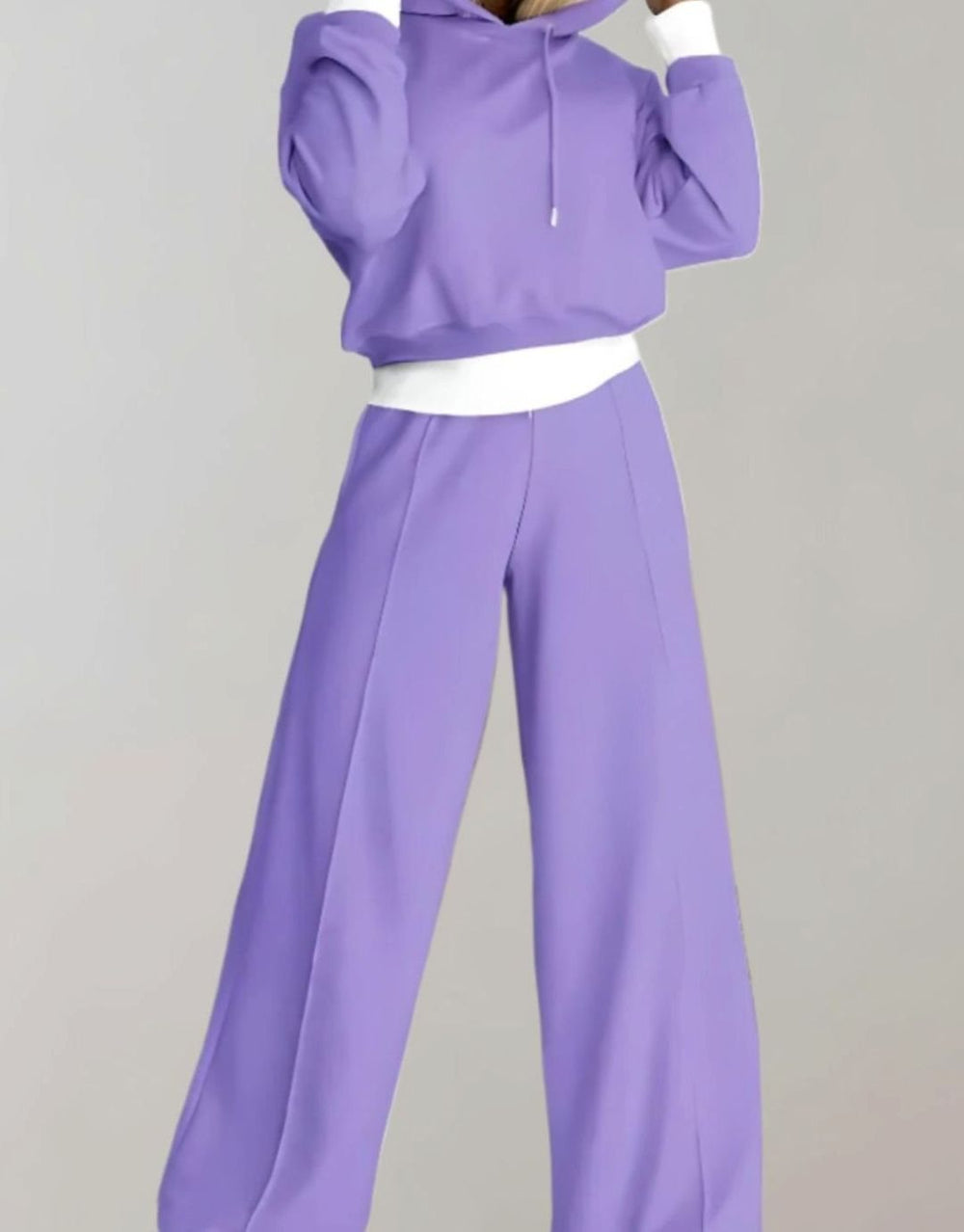 Women's Wide-Leg Cropped Hoodie Two-Piece Tracksuit Pants Set - Purple