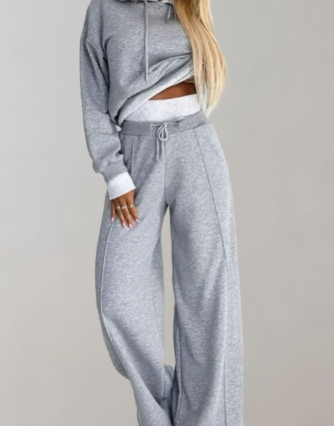 Women's Wide-Leg Cropped Hoodie Two-Piece Tracksuit Pants Set - Grey