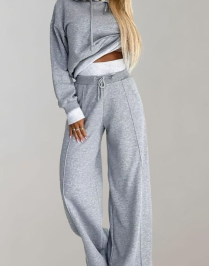 Women's Wide-Leg Cropped Hoodie Two-Piece Tracksuit Pants Set - Grey