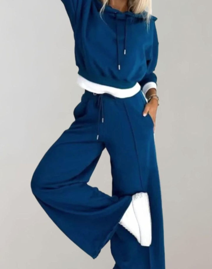 Women's Wide-Leg Cropped Hoodie Two-Piece Tracksuit Pants Set - Blue