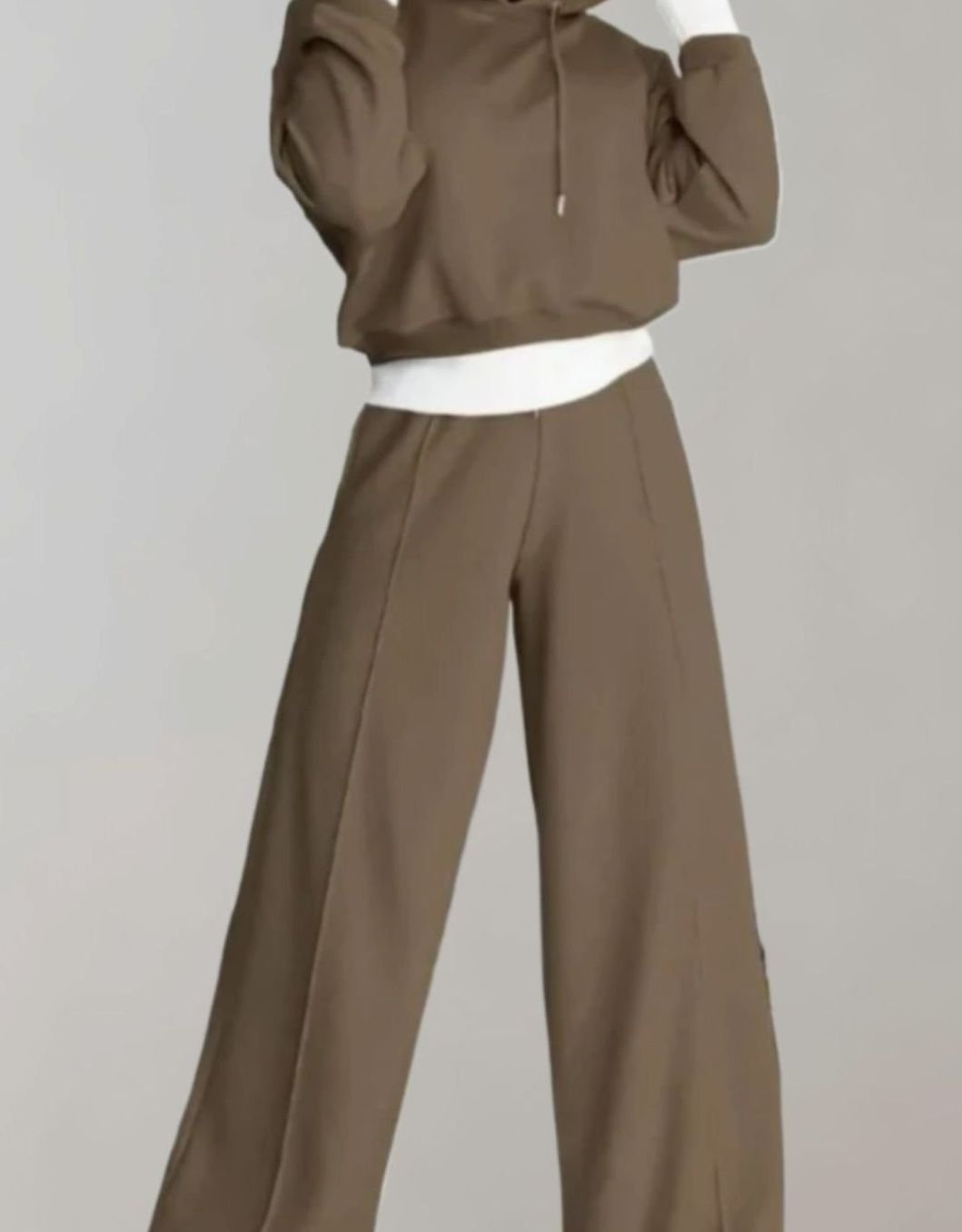 Women's Wide-Leg Cropped Hoodie Two-Piece Tracksuit Pants Set - Brown