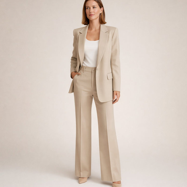 Women's Wide-Leg Flare Blazer Two-Piece Suit Set - Beige