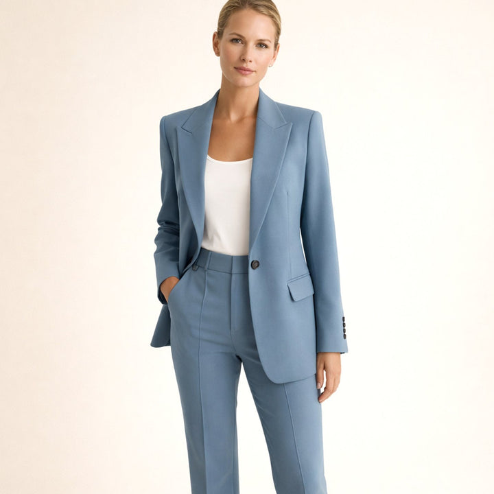 Women's Wide-Leg Flare Blazer Two-Piece Suit Set - Navy Blue