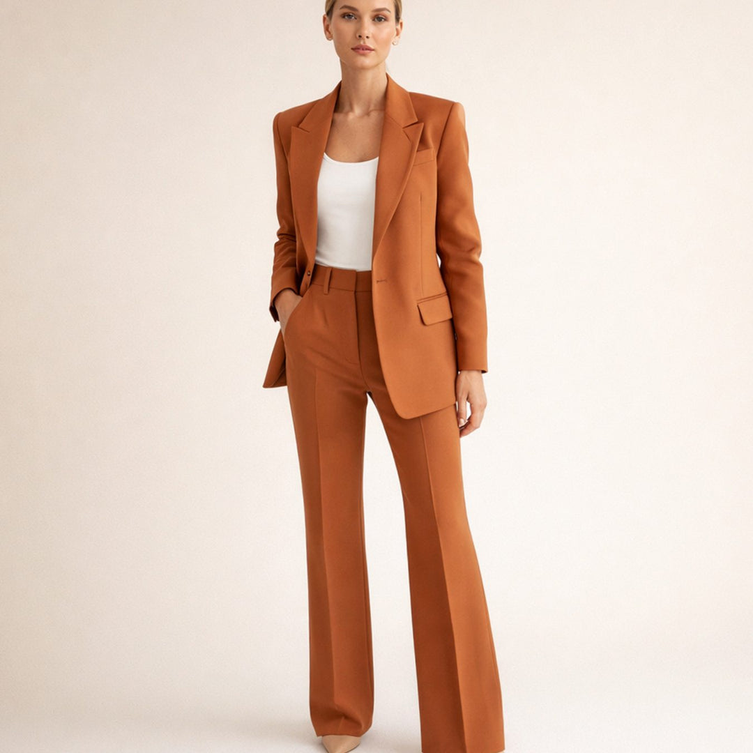 Women's Wide-Leg Flare Blazer Two-Piece Suit Set - Brown