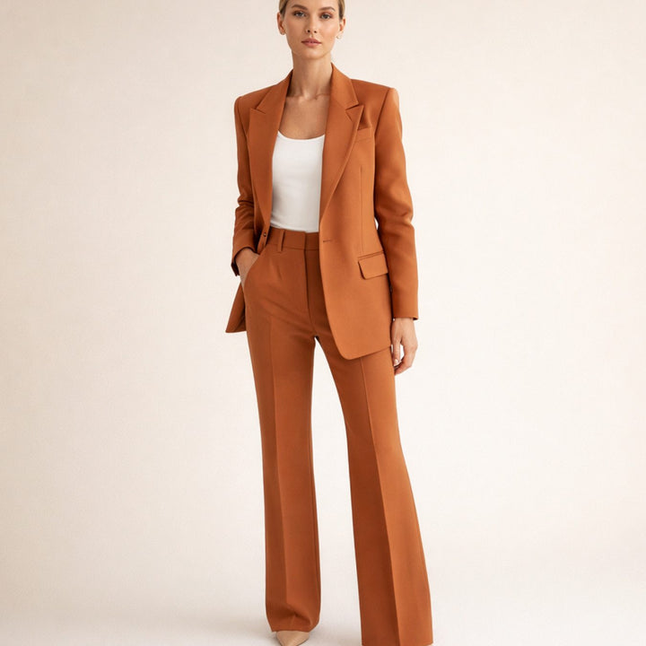 Women's Wide-Leg Flare Blazer Two-Piece Suit Set - Brown