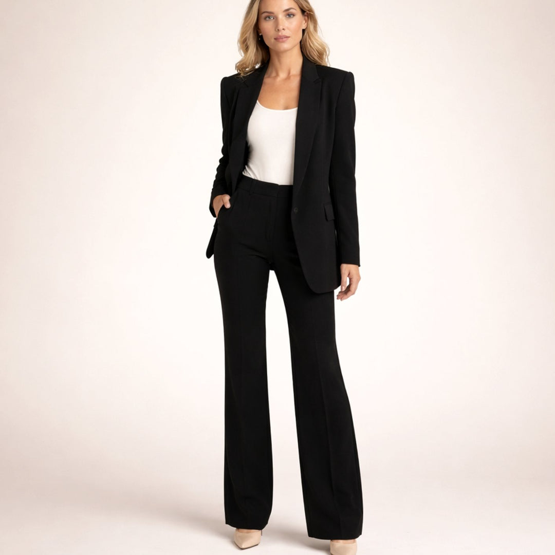 Women's Wide-Leg Flare Blazer Two-Piece Suit Set - Black