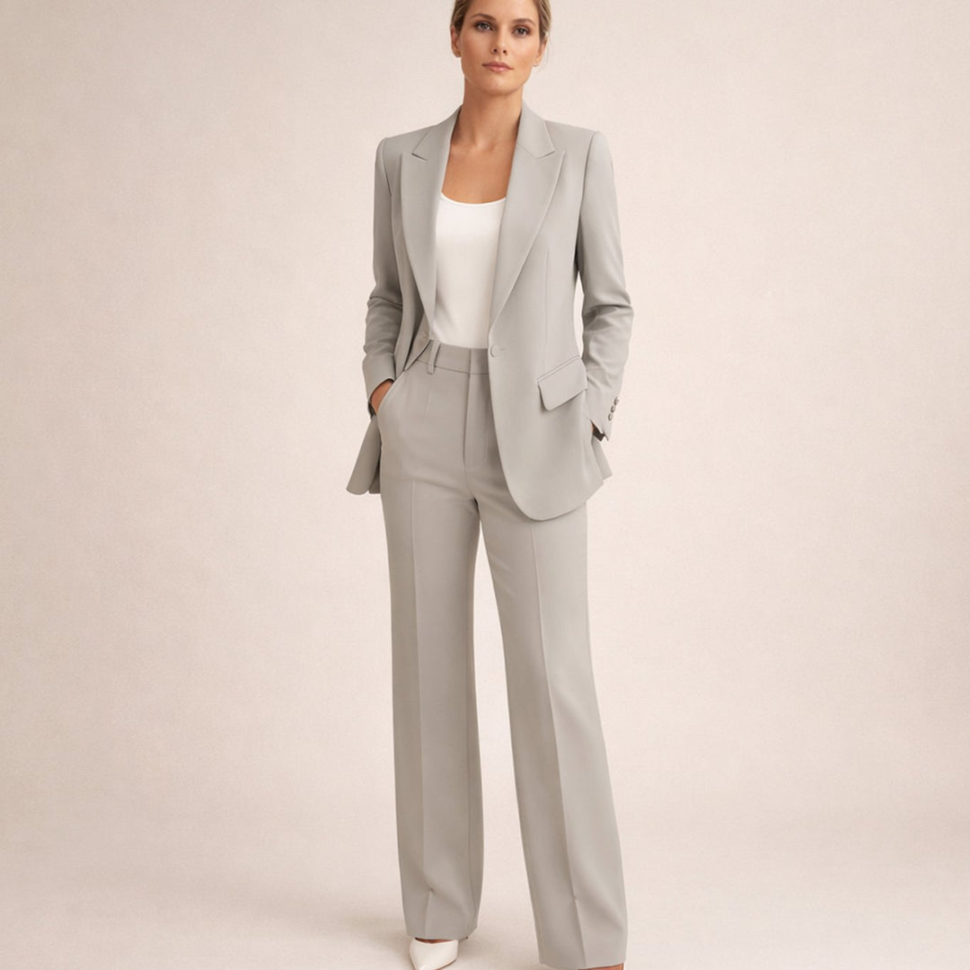 Women's Wide-Leg Flare Blazer Two-Piece Suit Set - Grey