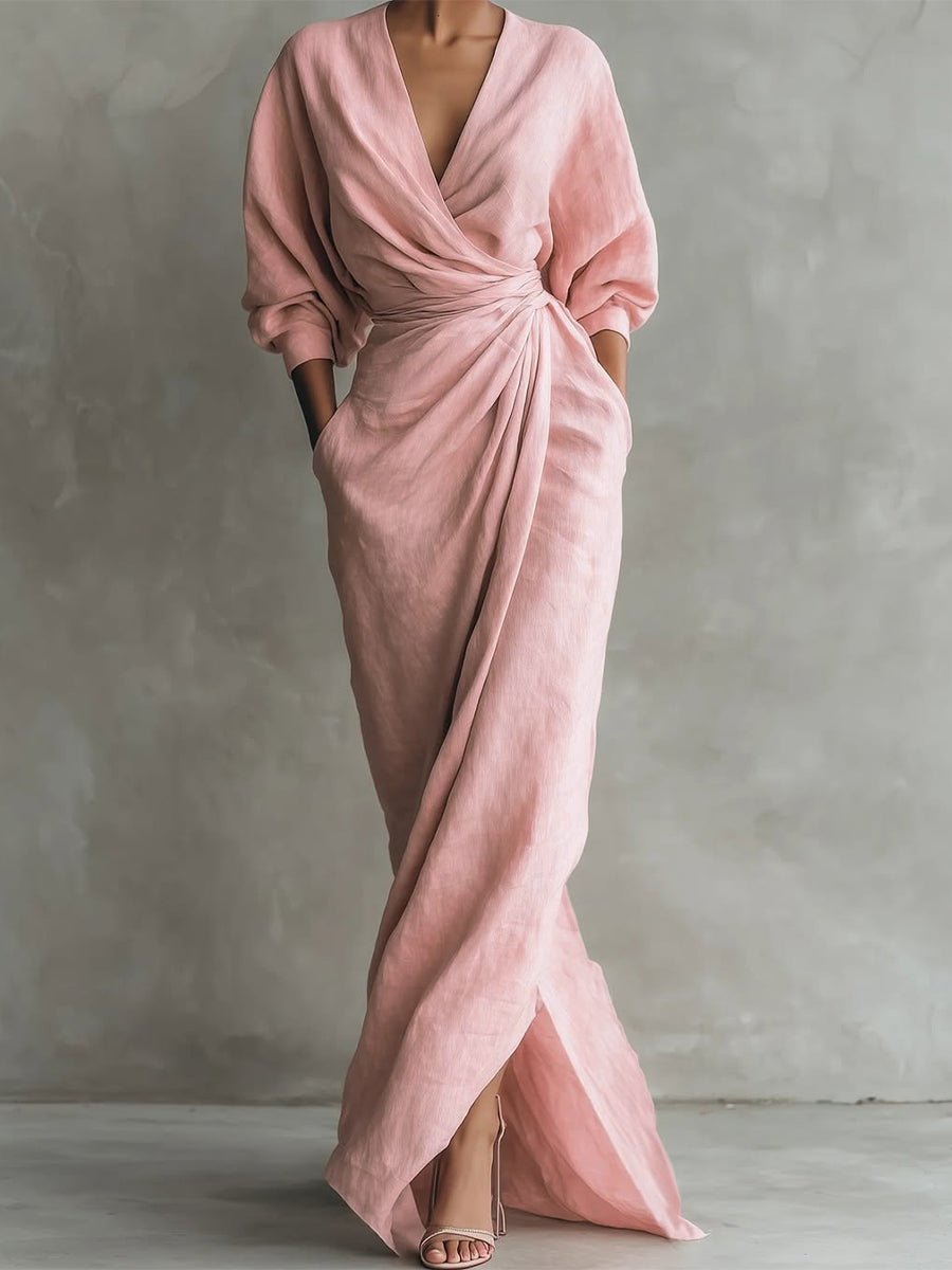 Women's Wrap Maxi Long Sleeve Dress V-Neck Relaxed Fit - Pink