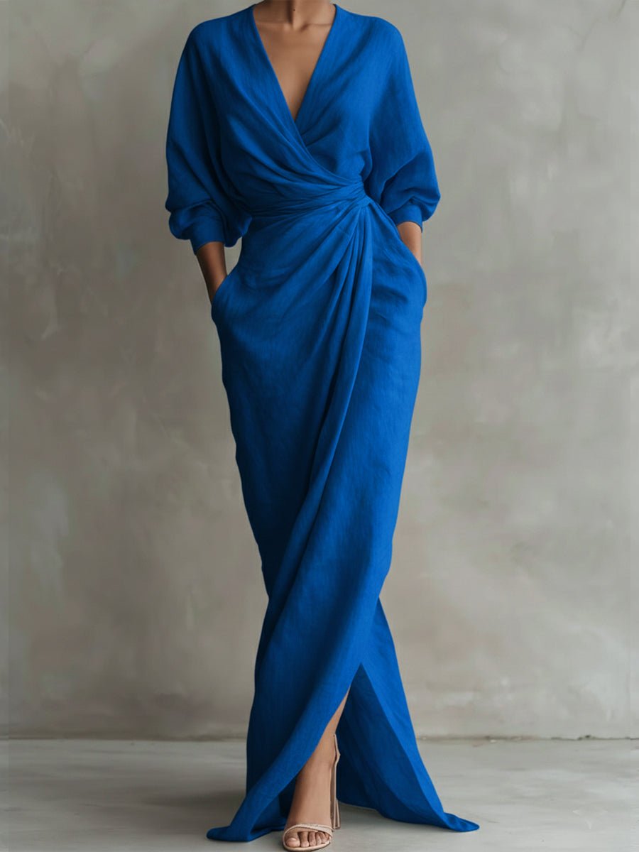 Women's Wrap Maxi Long Sleeve Dress V-Neck Relaxed Fit - Blue