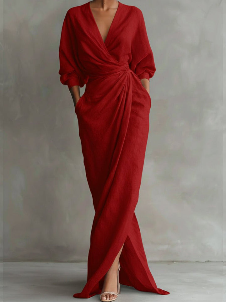 Women's Wrap Maxi Long Sleeve Dress V-Neck Relaxed Fit - Red