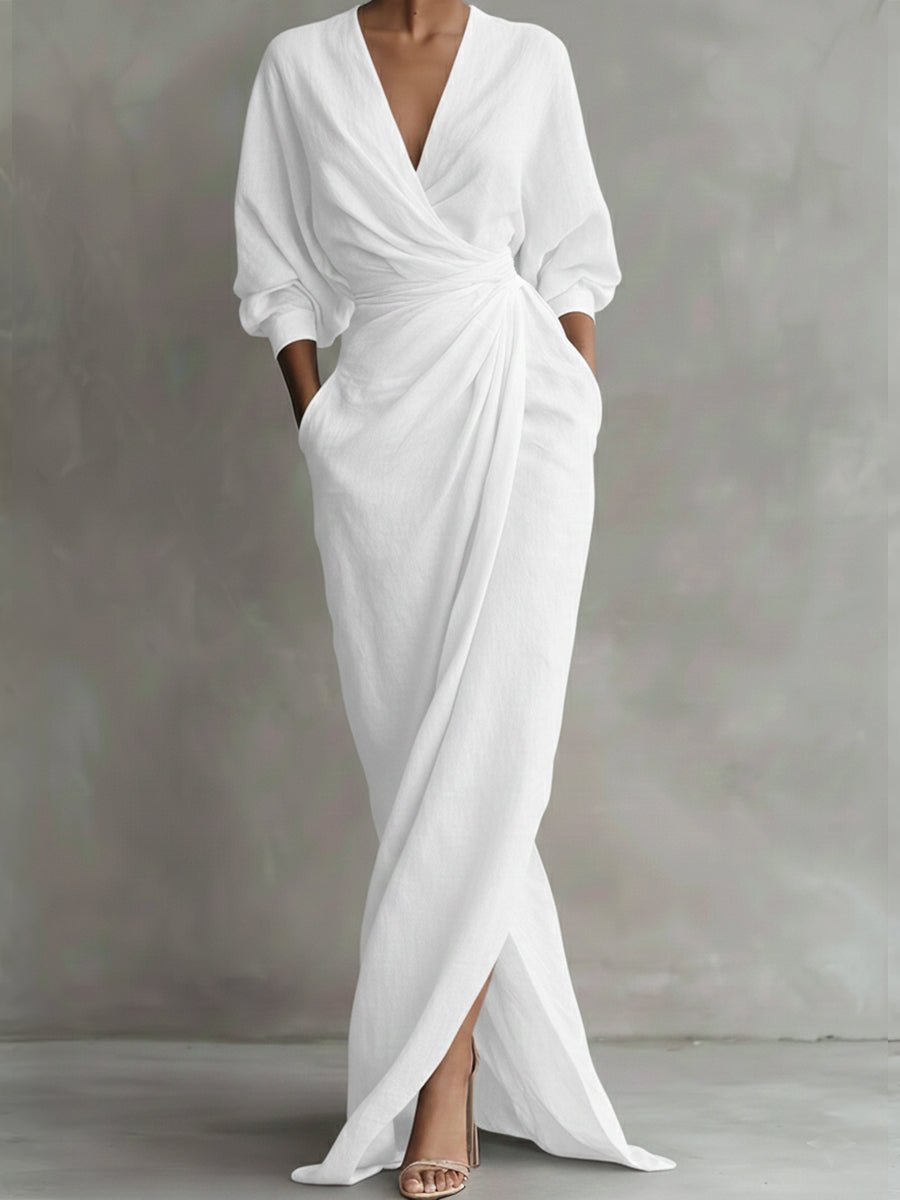 Women's Wrap Maxi Long Sleeve Dress V-Neck Relaxed Fit - White