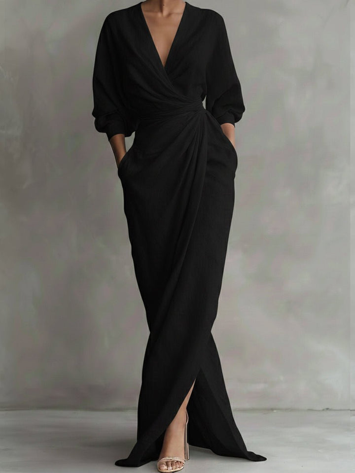 Women's Wrap Maxi Long Sleeve Dress V-Neck Relaxed Fit - Black