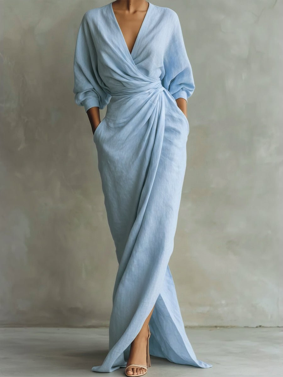Women's Wrap Maxi Long Sleeve Dress V-Neck Relaxed Fit - Light Blue