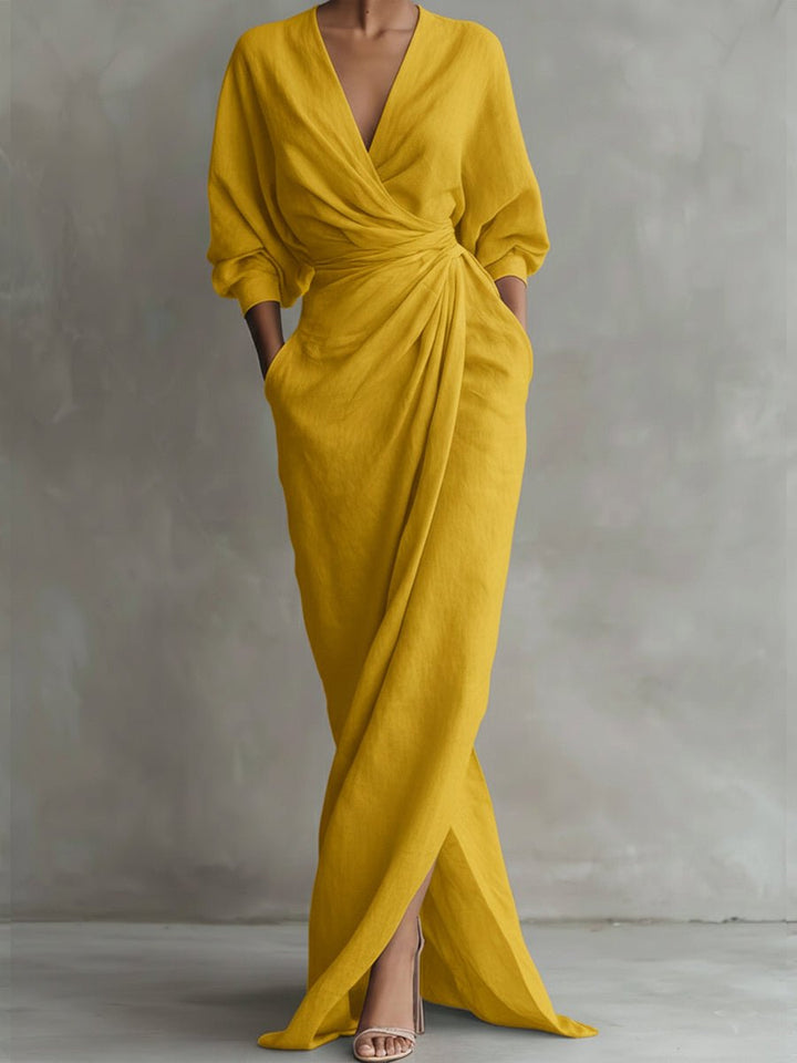 Women's Wrap Maxi Long Sleeve Dress V-Neck Relaxed Fit - Yellow
