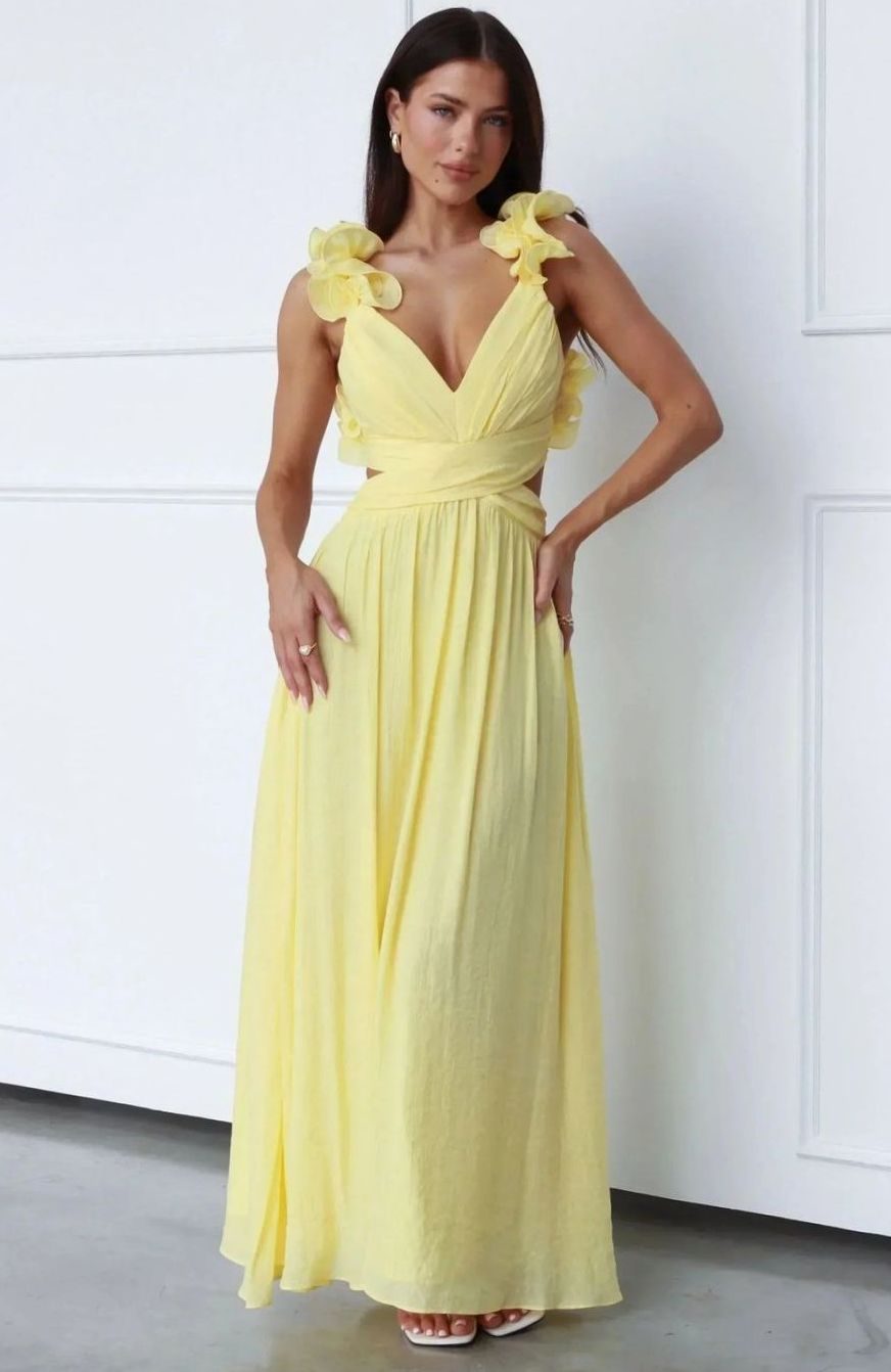 Women's Yellow Chiffon V-Neck Floral Shoulder Maxi Dress - Butter Yellow