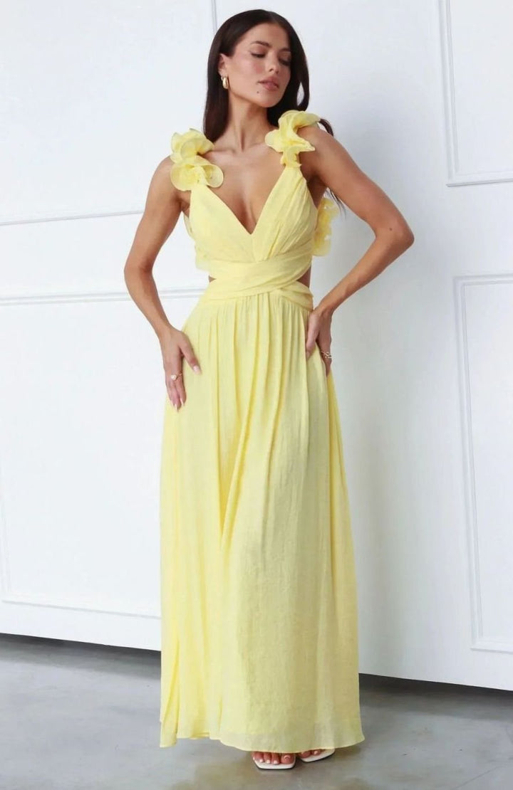 Women's Yellow Chiffon V-Neck Floral Shoulder Maxi Dress