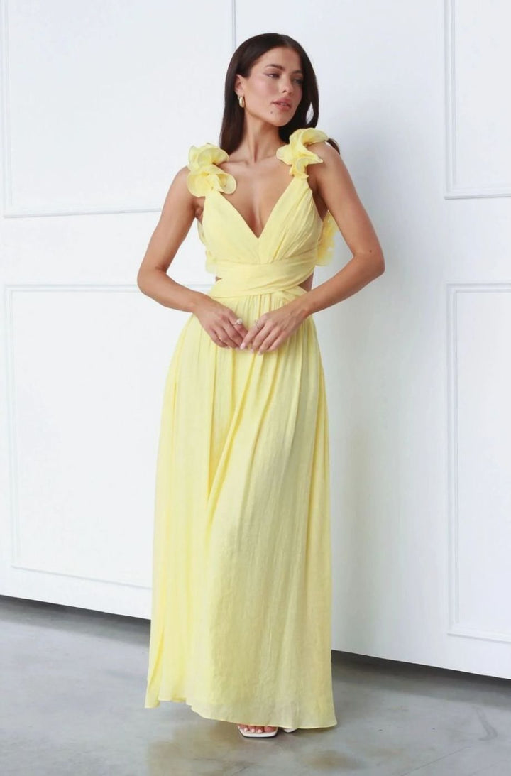 Women's Yellow Chiffon V-Neck Floral Shoulder Maxi Dress