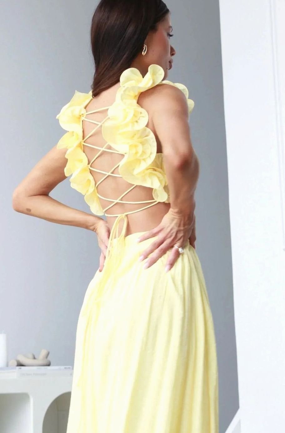 Women's Yellow Chiffon V-Neck Floral Shoulder Maxi Dress