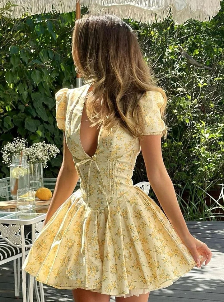 Women's Yellow Floral Print Puff-Sleeve Tie-Back Mini Dress - Yellow