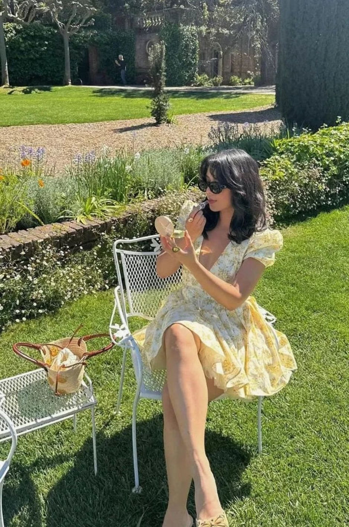 Women's Yellow Floral Print Puff-Sleeve Tie-Back Mini Dress