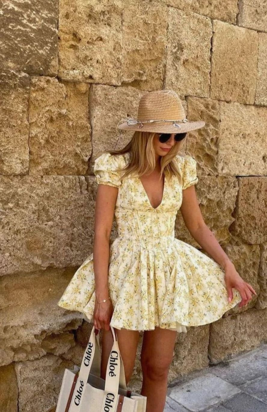 Women's Yellow Floral Print Puff-Sleeve Tie-Back Mini Dress