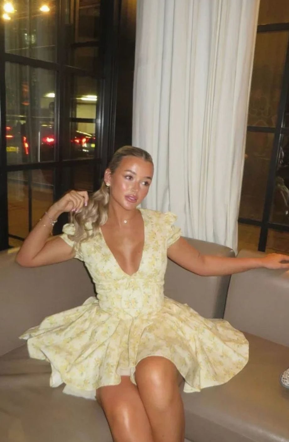 Women's Yellow Floral Print Puff-Sleeve Tie-Back Mini Dress