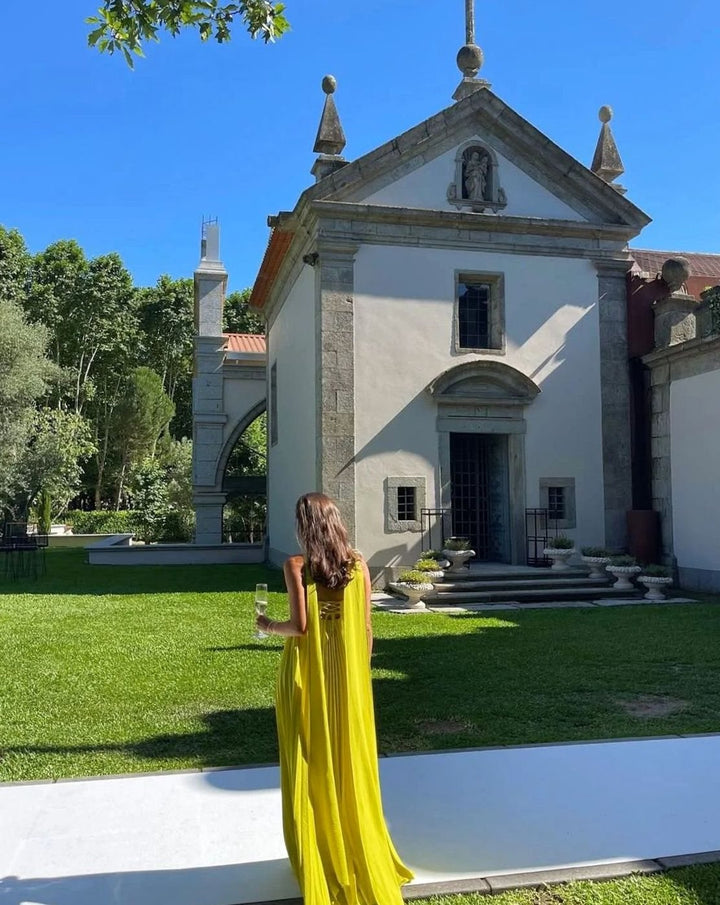 Women's Yellow Pleated Strapless Halter-Neck Maxi Dress