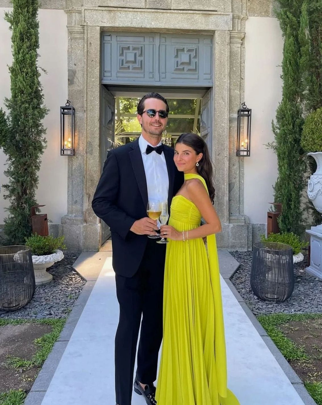 Women's Yellow Pleated Strapless Halter-Neck Maxi Dress