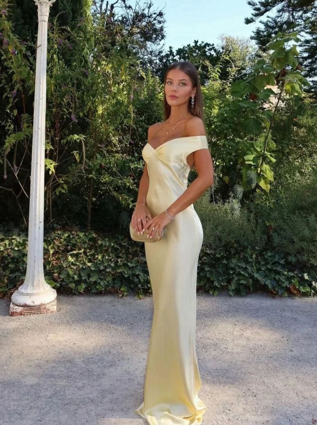 Women's Yellow Satin Off-Shoulder Wedding Guest Maxi Dress - Yellow