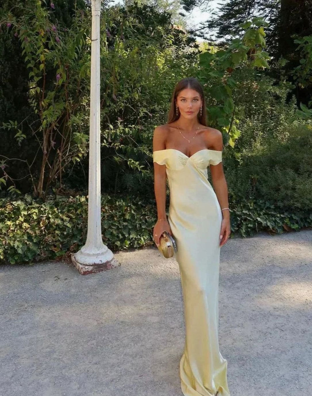 Women's Yellow Satin Off-Shoulder Wedding Guest Maxi Dress