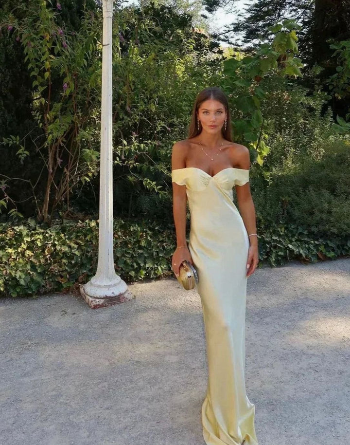 Women's Yellow Satin Off-Shoulder Wedding Guest Maxi Dress