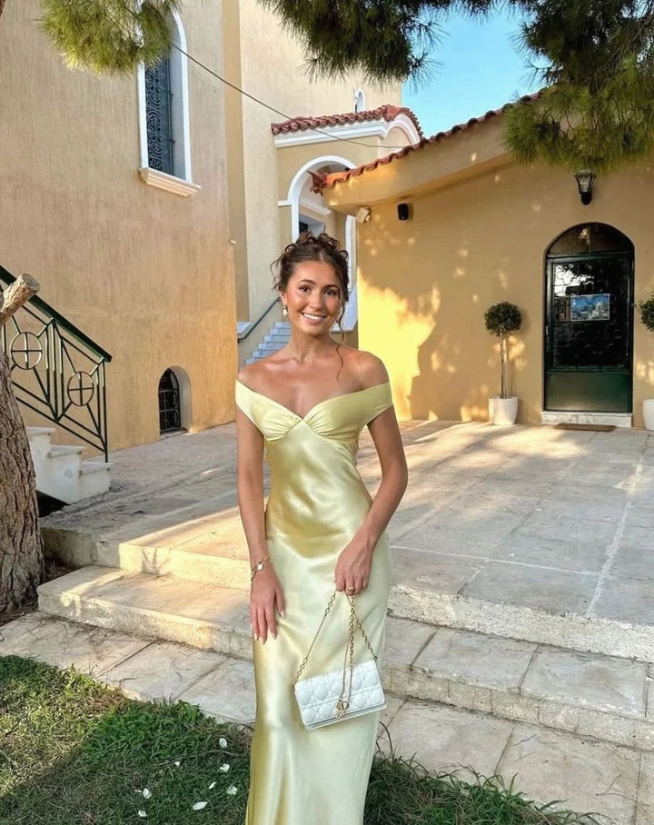 Women's Yellow Satin Off-Shoulder Wedding Guest Maxi Dress
