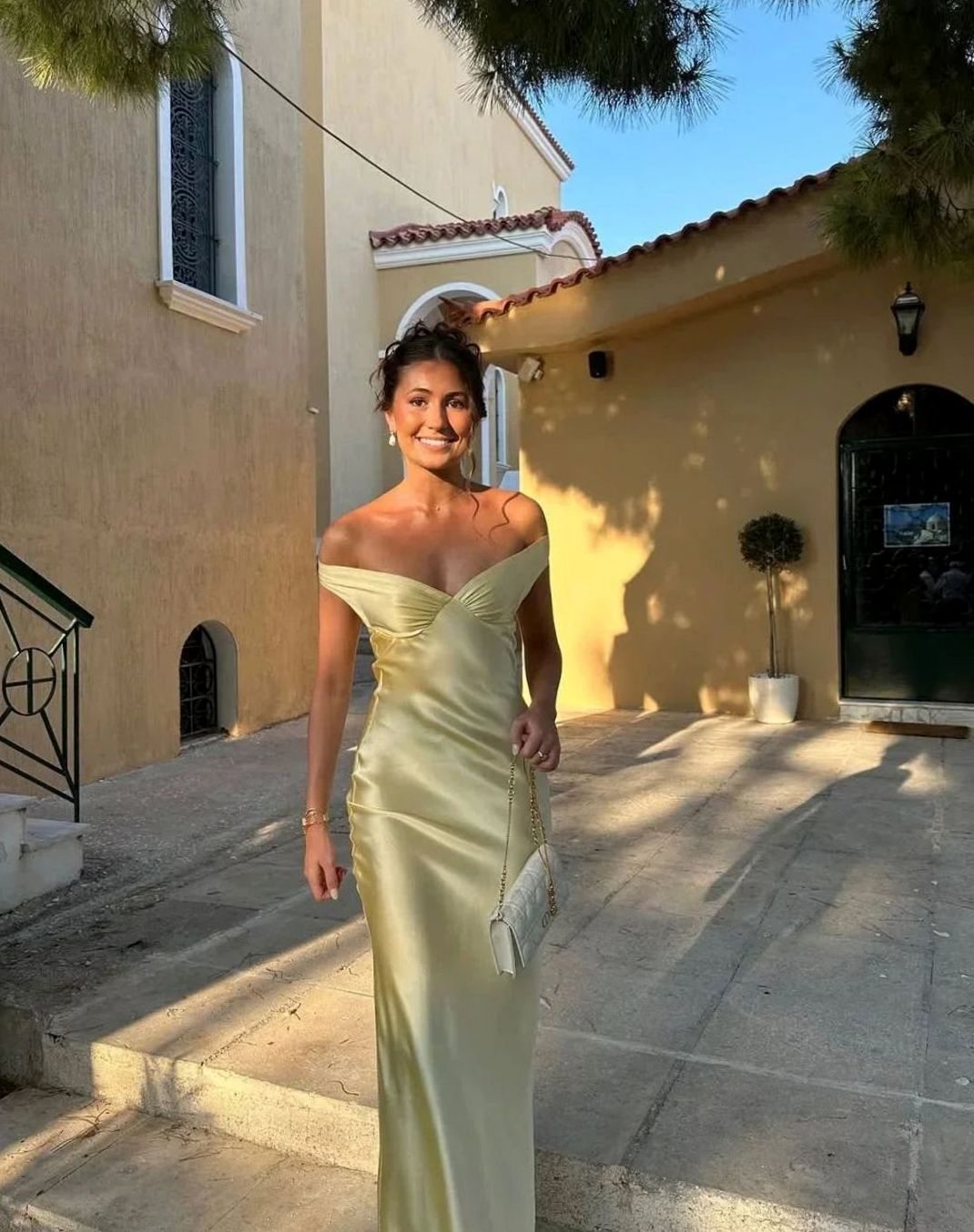 Women's Yellow Satin Off-Shoulder Wedding Guest Maxi Dress