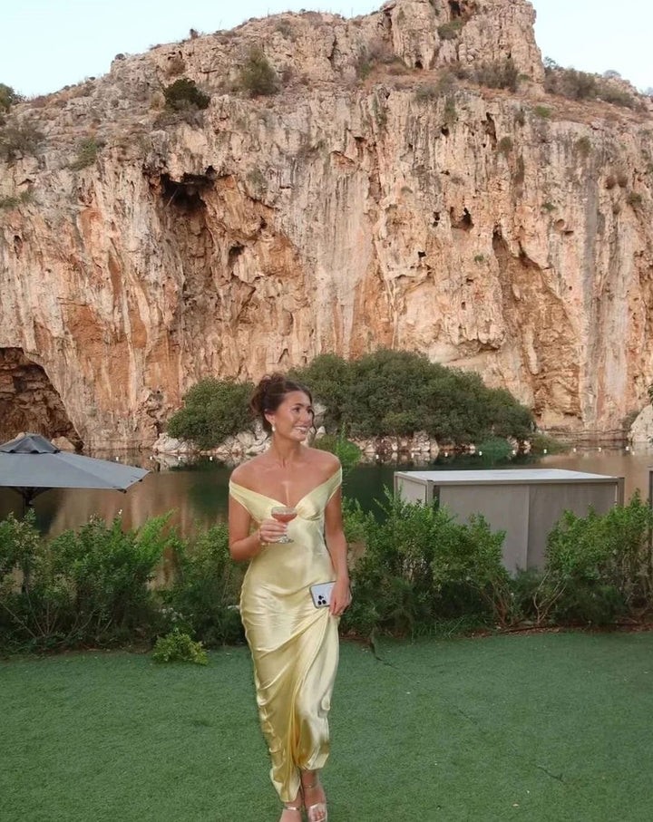 Women's Yellow Satin Off-Shoulder Wedding Guest Maxi Dress