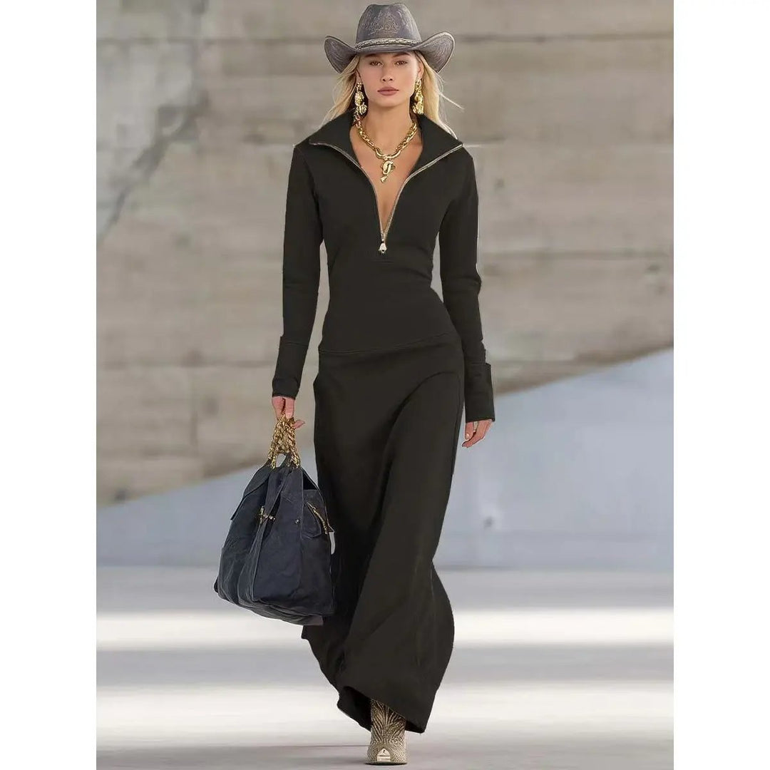 Women's Zip-Up Long Sleeve Maxi Dress Quarter-Zip Collar - Black